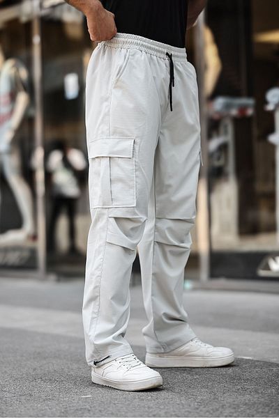 a02teks Baggy Pants with Cargo Pockets, Adjustable Drawstring, Casual Cut Parachute Pants Gray