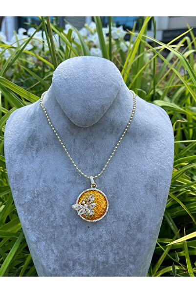 Çelik قلادة من الحجر البرتقالي مع شكل نحلة ونمط قرص العسل