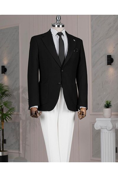 TerziAdemAltun Italian Style Slim Fit Mono Collar Men's Single Jacket Black T14399