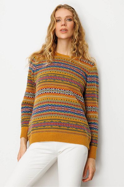 Desen Triko Women's Crew Neck Complete Jacquard Wool Sweater Mustard
