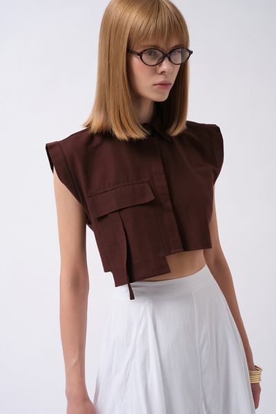 Black Fashion Cămașă maro din in, fără mâneci, cu detaliu de buzunar