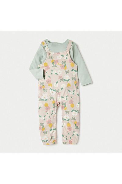 Juniors Floral Print Long Sleeves T-shirt and Dungaree Set