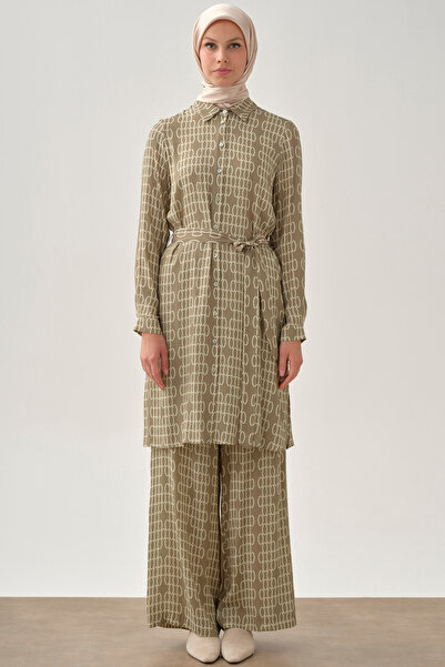 Tuğba Desenli Tunik Pantolon Takım - Vizon