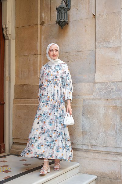 LOCCO Rochie de damă cu model de margarete acuarelă albastră