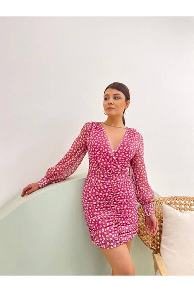 Nesil Double Breasted Collar Crispy Floral Body-Hugging Chiffon Lined Women's Mini Dress