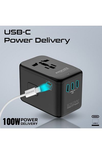 Promate TripMate-GaN100 100W GaN Charging Adapter with Retractable USB-C Cable