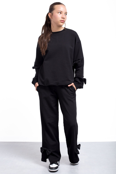 Cansın Mini Μαύρο σχιστό φιόγκο με λεπτομέρεια για κορίτσια 2 τεμαχίων αθλητική φόρμα 21215