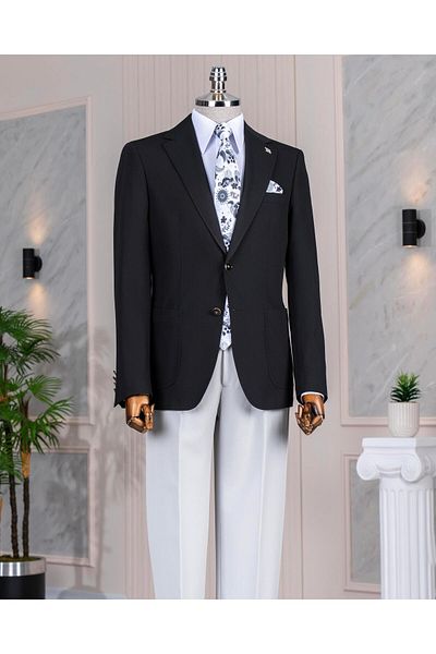 TerziAdemAltun Italian Style Slim Fit Mono Collar Men's Single Jacket Black T14376