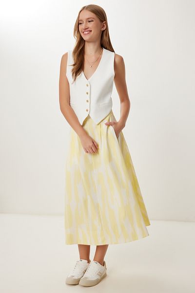 Lovelyİstanbul Patterned Midi Poplin Skirt Ldp0066 Yellow Bone
