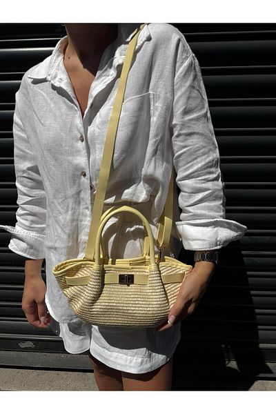 Tina İstanbul Belt Detailed Mini Straw Bag Yellow