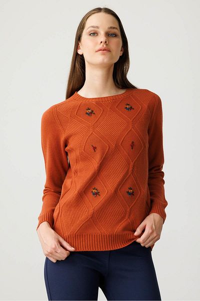 Desen Triko Women's Crew Neck Front Diamond Embroidery Embroidered Sweater Tile