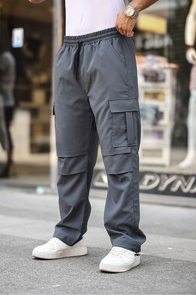 a02teks Baggy Pants with Cargo Pockets, Adjustable Drawstring, Casual Cut Parachute Pants, Smoked