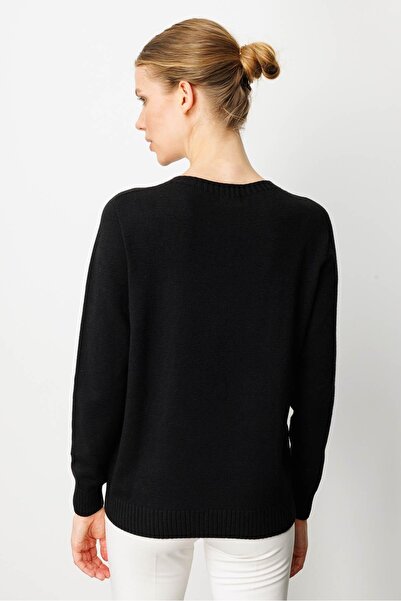 Desen Triko Women's Crew Neck Front Diamond Embroidery Embroidered Sweater Black