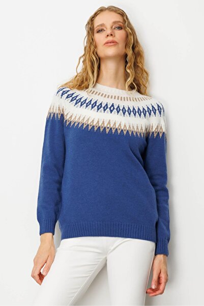 Desen Triko Pulover de damă cu gâtul O Robe din lână cu diamante Albastru