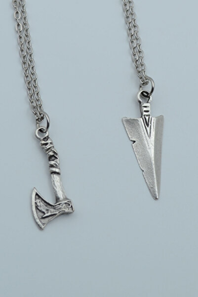Bu Farklı 2'li Viking Balta Triagle Ok Ucu Gümüş Kaplama Kolye Seti