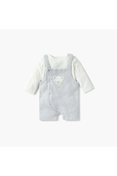 giggles Bear Applique Dungaree and Long Sleeves T-shirt Set