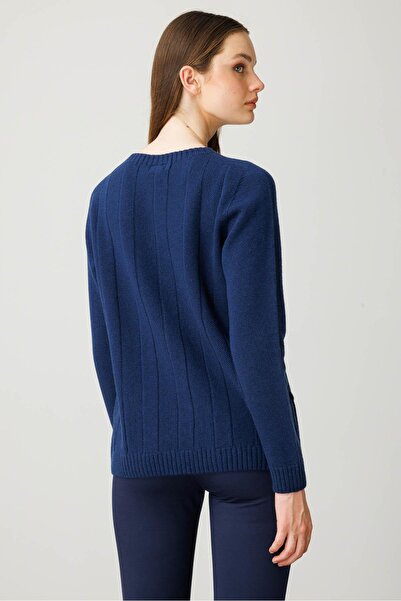 Desen Triko Women's Crew Neck Thick Walk Wool Sweater Indigo