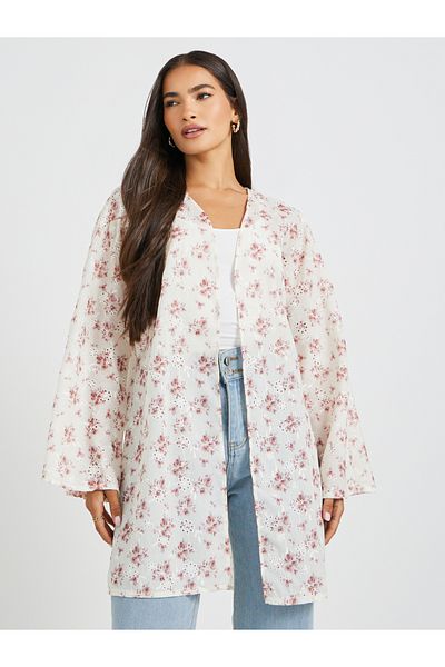 Styli Floral Printed Schiffli Longline Oversized Kimono