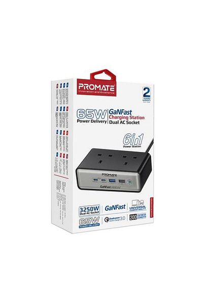Promate 65W GaNFast™ 6-in-1 Multi-Port Charging Station with AC Outlets
