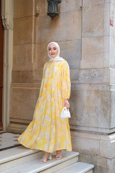 LOCCO Women's Abstract Flower Patterned Dress Yellow