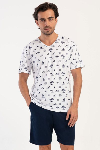 VİENETTA Cotton Men's Plus Size V-Neck Short Sleeve Pajamas Suit with Shorts , 408170