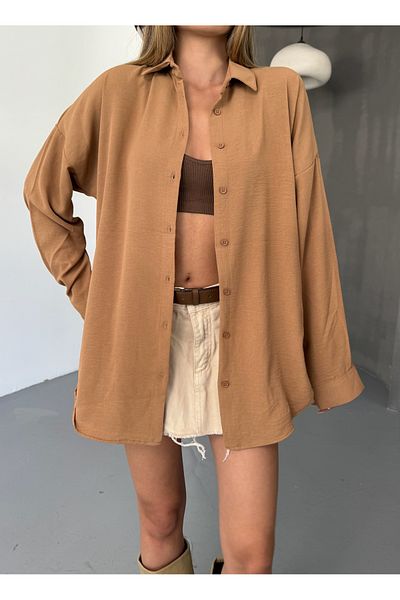 COMBİNE MİCHAİL Women's Caramel Oversize Linen Ayrobin Shirt