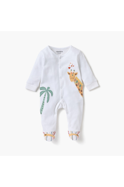 Juniors Giraffe Applique Closed Feet Sleepsuit with Long Sleeves