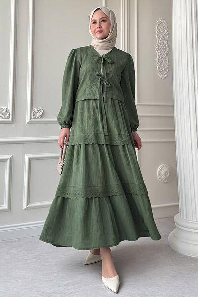 InStyle Crepe Mint Green Suit with Ribbon Lace Detail Skirt
