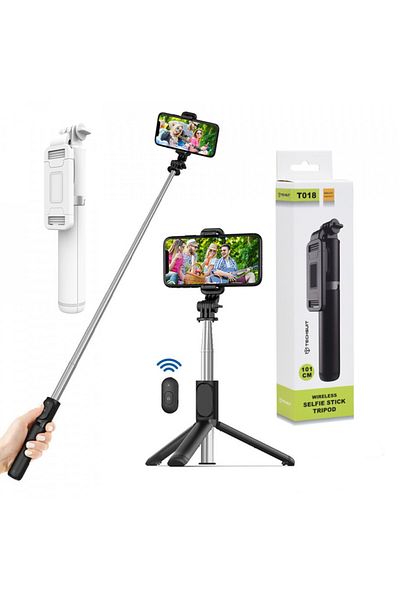 Techsuit Selfie Stick Stabil Bluetooth, 101cm - Remote and Tripod Mount (Q01) - White