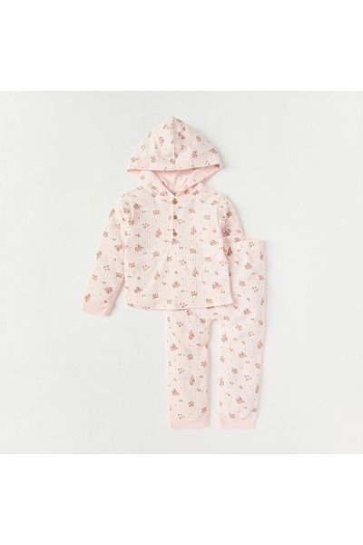 Juniors All-Over Floral Print Hooded T-shirt and Pyjama Set