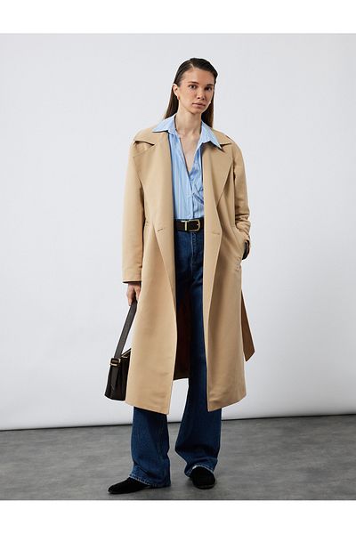 Koton Long Sleeve Pocket Detailed Double Breasted Collar Oversize Belted Long Trench Coat