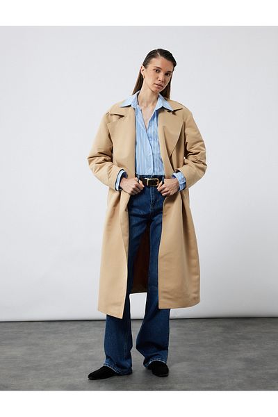 Koton Long Sleeve Pocket Detailed Double Breasted Collar Oversize Belted Long Trench Coat
