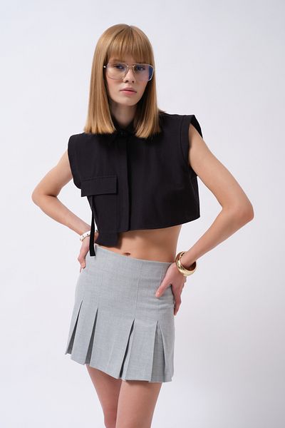 Black Fashion Cămașă neagră din in, fără mâneci, cu detaliu de buzunar