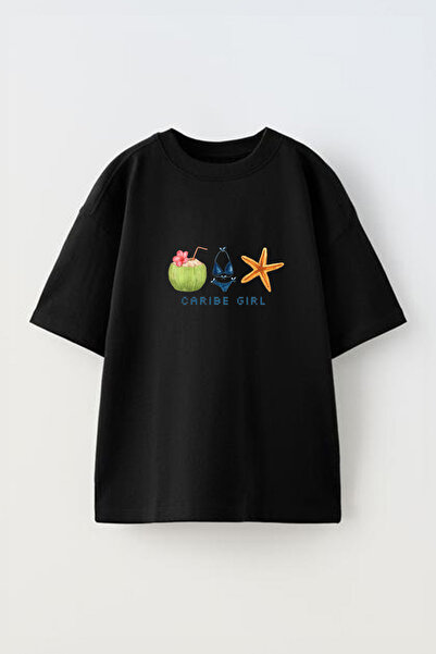 Anetos Μπλουζάκι Caribe Girl Front με τύπωμα Cotton Black oversized