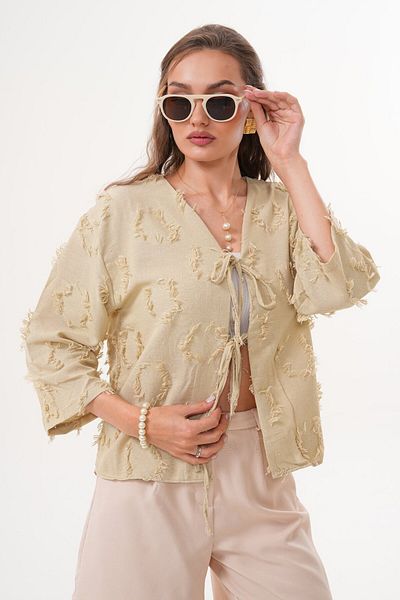 Laressi Jacquard Linen Kimono Shirt with Front Lace-Up