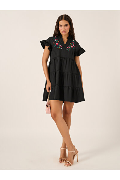 Take Two By Styli Embroidered Ruffled Sleeve Tiered Mini Dress