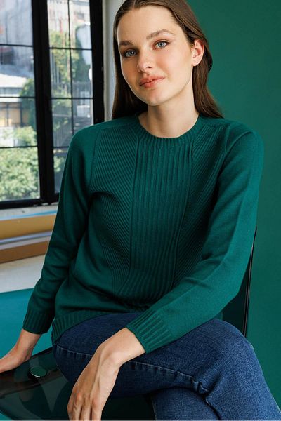 Desen Triko سترة نسائية محبوكة برقبة دائرية وأكمام طويلة ومخططة من الأمام