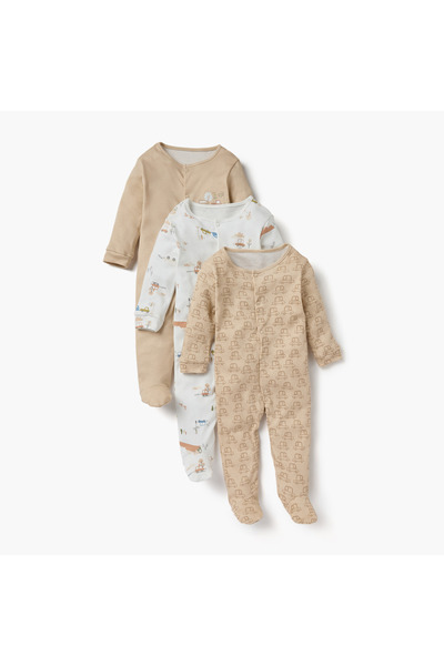 Juniors طقم نوم مطبوع بأكمام طويلة وأزرار للإغلاق - مجموعة من 3 قطع