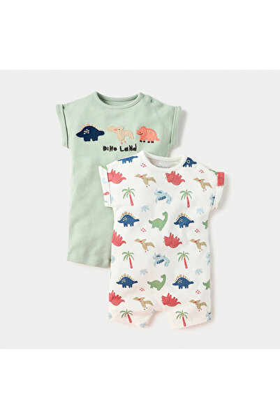 Juniors طقم رومبر بطبعة ديناصور بأكمام قصيرة وأزرار للإغلاق - قطعتان