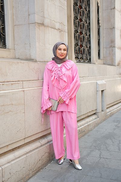 LOCCO Women's Ruffle Detail Double Suit Pink