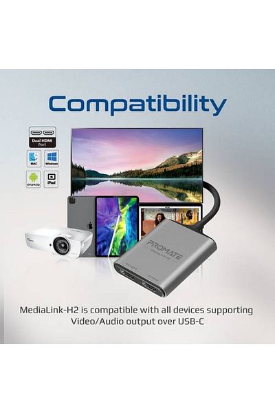 Promate 4K Ultra HD USB-C to Dual HDMI® Adapter Compatible with Dual Displays