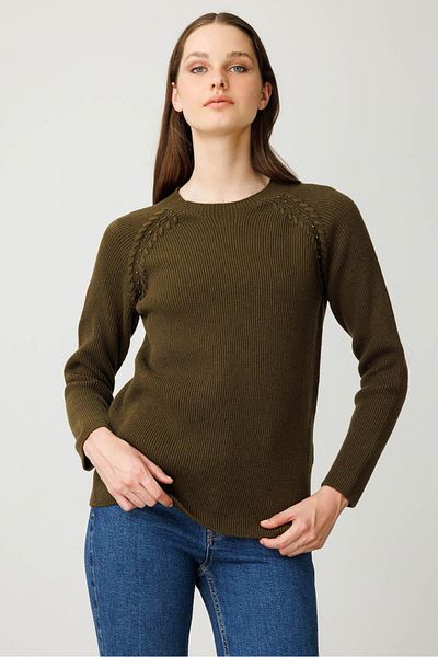 Desen Triko Women's Crew Neck Beaded Wool Sweater A.Green