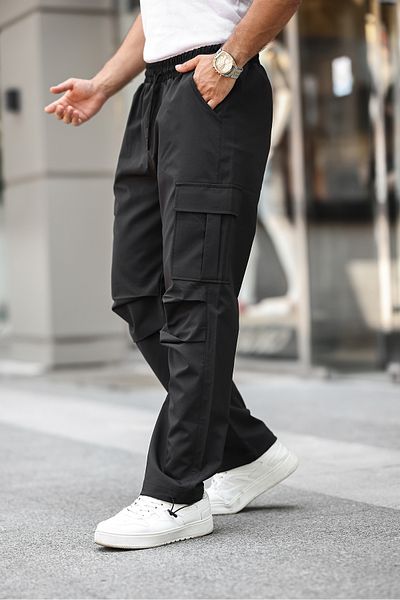 a02teks Baggy Pants with Cargo Pockets, Adjustable Drawstring, Casual Cut Parachute Pants, Black