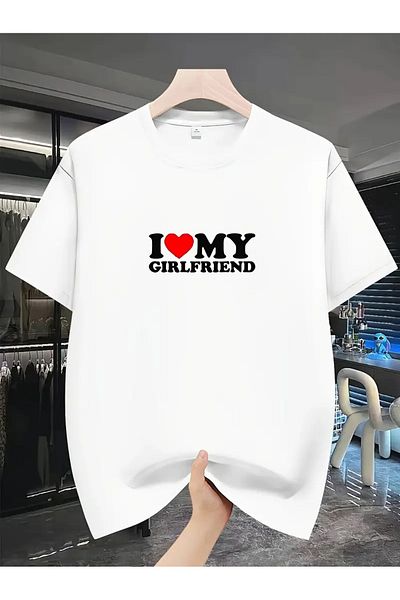 AEMİ Unisex I Love My Girlfriend Printed Oversize Crew Neck T-Shirt