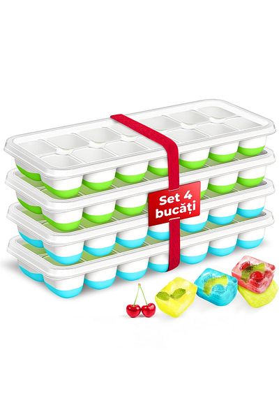 Bukate Set of 4 Bukat® Ice Cube Trays with Lids, Reusable, 14 Compartments, Silicone, 250x95x25