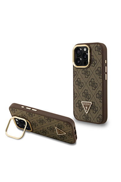 Guess iPhone 15 Pro Max Uyumlu Kılıf Lisanslı Üçgen Logo 4G Desenli Kamera Standlı Kapak Kahverengi