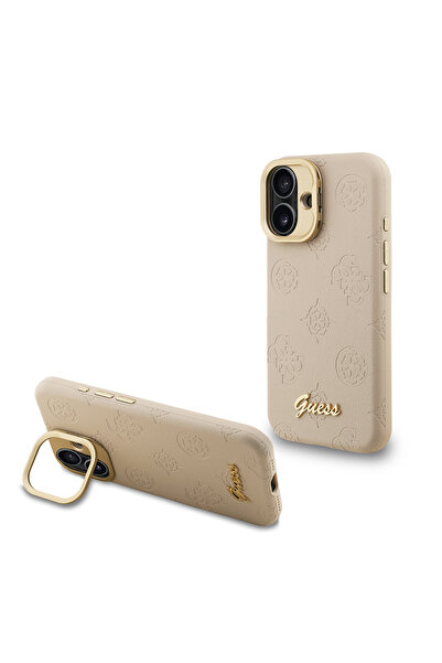 Guess iPhone 16 Uyumlu Kılıf Lisanslı M-safe Şarj Özellikli Kamera Standlı PU Deri Peony Kapak Bej