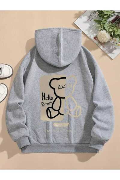 caddekombin Γκρι φούτερ με κουκούλα Hello Bear με στάμπα στο πίσω μέρος και μάλλινη επένδυση μέσα
