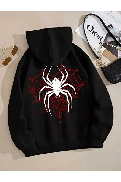caddekombin Örümcek Hoodie Arka Baskılı Kapüşonlu Cepli Pamuklu Siyah Sweatshirt