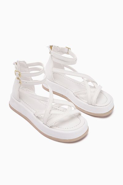 Limoya Sara Cross Strap White Women's Sandals Thick Sole Ankle Buckle